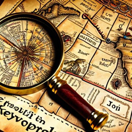 Home 15 **A treasure map leading to keywords, with a magnifying glass focused on "long tail keywords" written on the map.** (Visualizes keyword research and the importance of long-tail keywords.)
