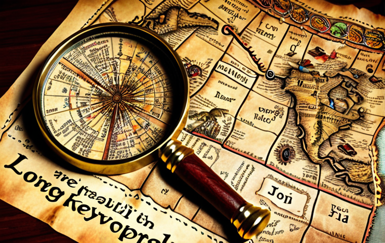 **A treasure map leading to keywords, with a magnifying glass focused on "long tail keywords" written on the map.** (Visualizes keyword research and the importance of long-tail keywords.)