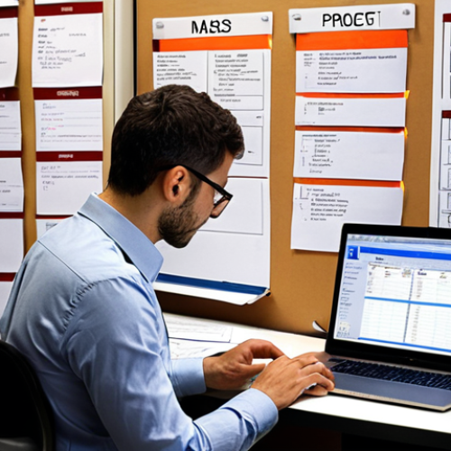 Home 14 **A researcher meticulously planning a research project at a desk filled with notebooks, checklists, and a laptop displaying project management software. Emphasize organization and clarity, reflecting the importance of early planning. The setting is a modern office in Madrid.**
