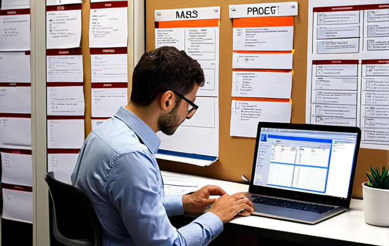 **A researcher meticulously planning a research project at a desk filled with notebooks, checklists, and a laptop displaying project management software. Emphasize organization and clarity, reflecting the importance of early planning. The setting is a modern office in Madrid.**