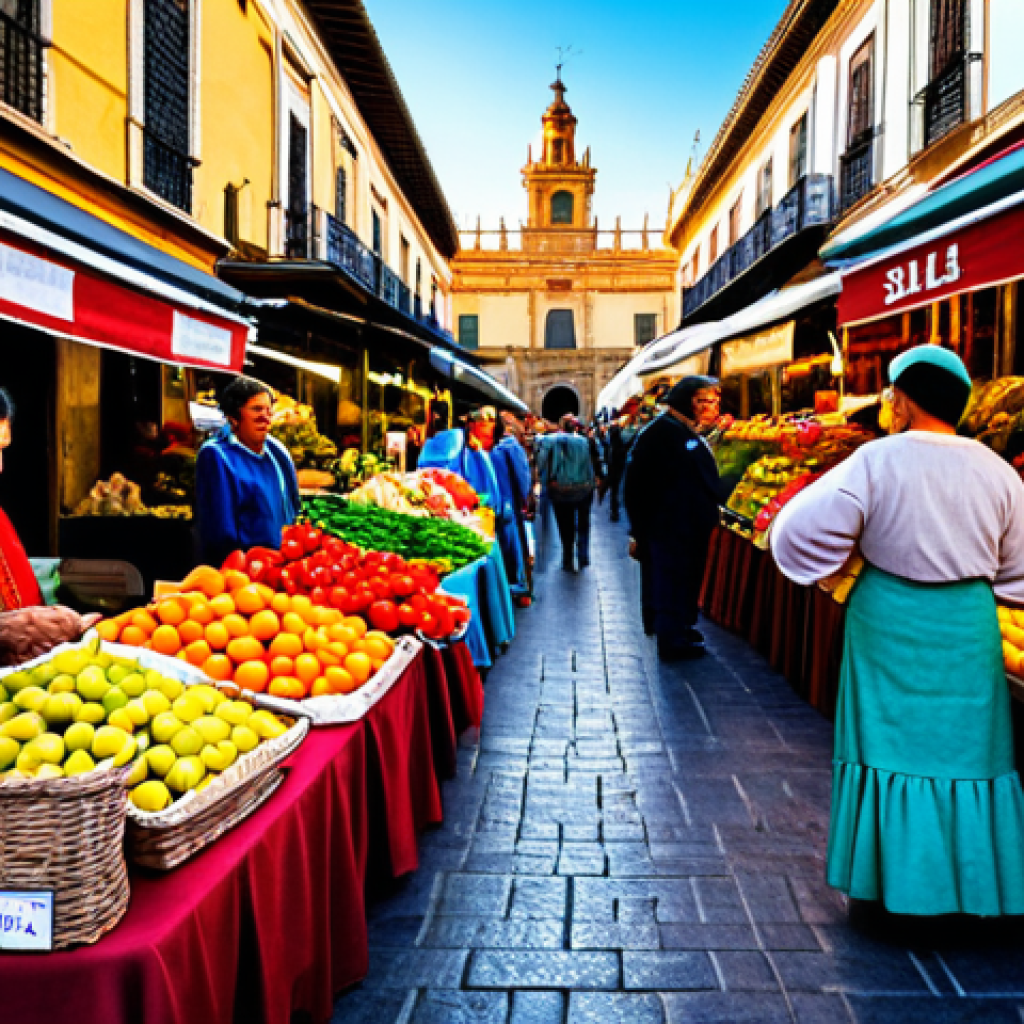 **A bustling outdoor market scene in Seville, Spain. Vendors in colorful traditional clothing sell fresh produce, flowers, and local crafts. Warm, sunny lighting. Focus on vibrant colors and textures.**