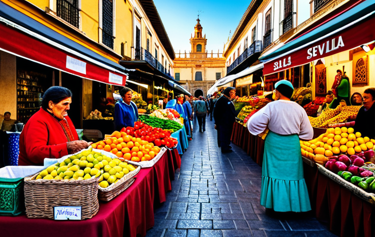 **A bustling outdoor market scene in Seville, Spain. Vendors in colorful traditional clothing sell fresh produce, flowers, and local crafts. Warm, sunny lighting. Focus on vibrant colors and textures.**