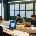 Home 18 학술적 논문 작성법 - A warm and inviting modern workspace where a diverse group of Spanish-speaking researchers and stude...